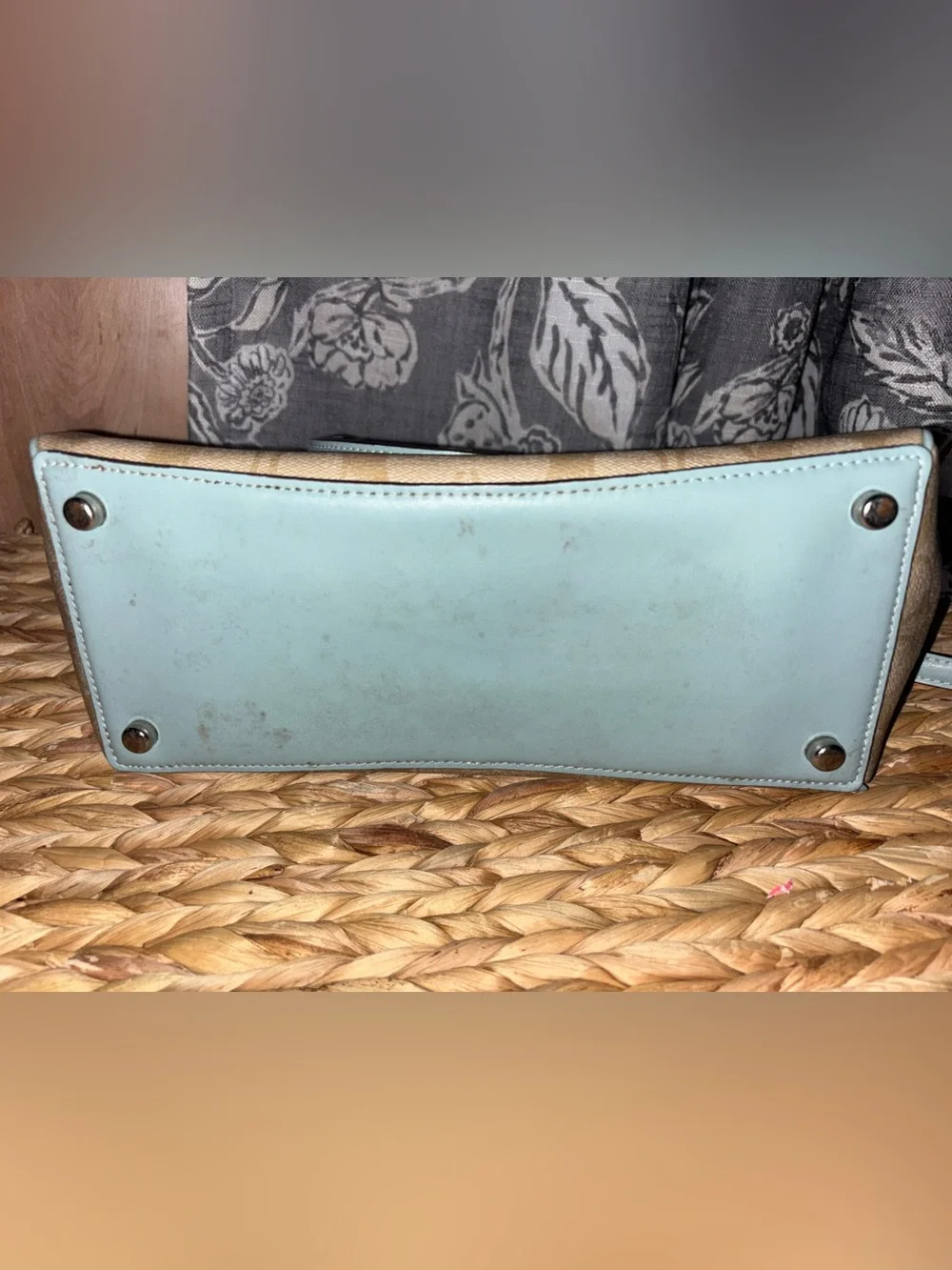 Coach Beige Signature Satchel with Light Blue Trim